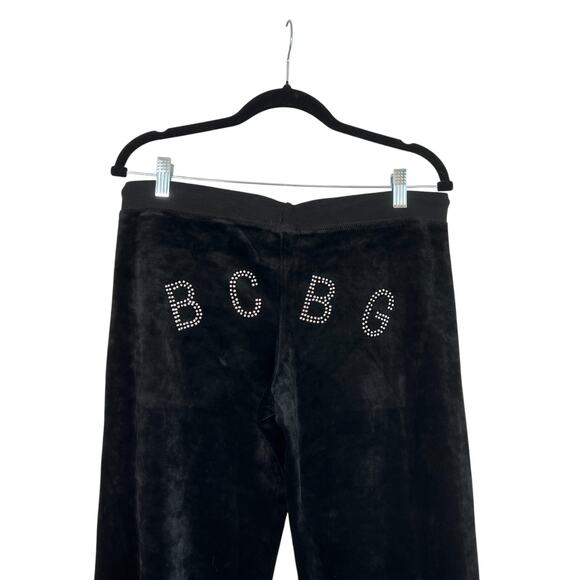 Y2K BCBGmaxazria Velour Rhinestone Logo Straight Leg Pants Black Size Large - Picture 4 of 8
